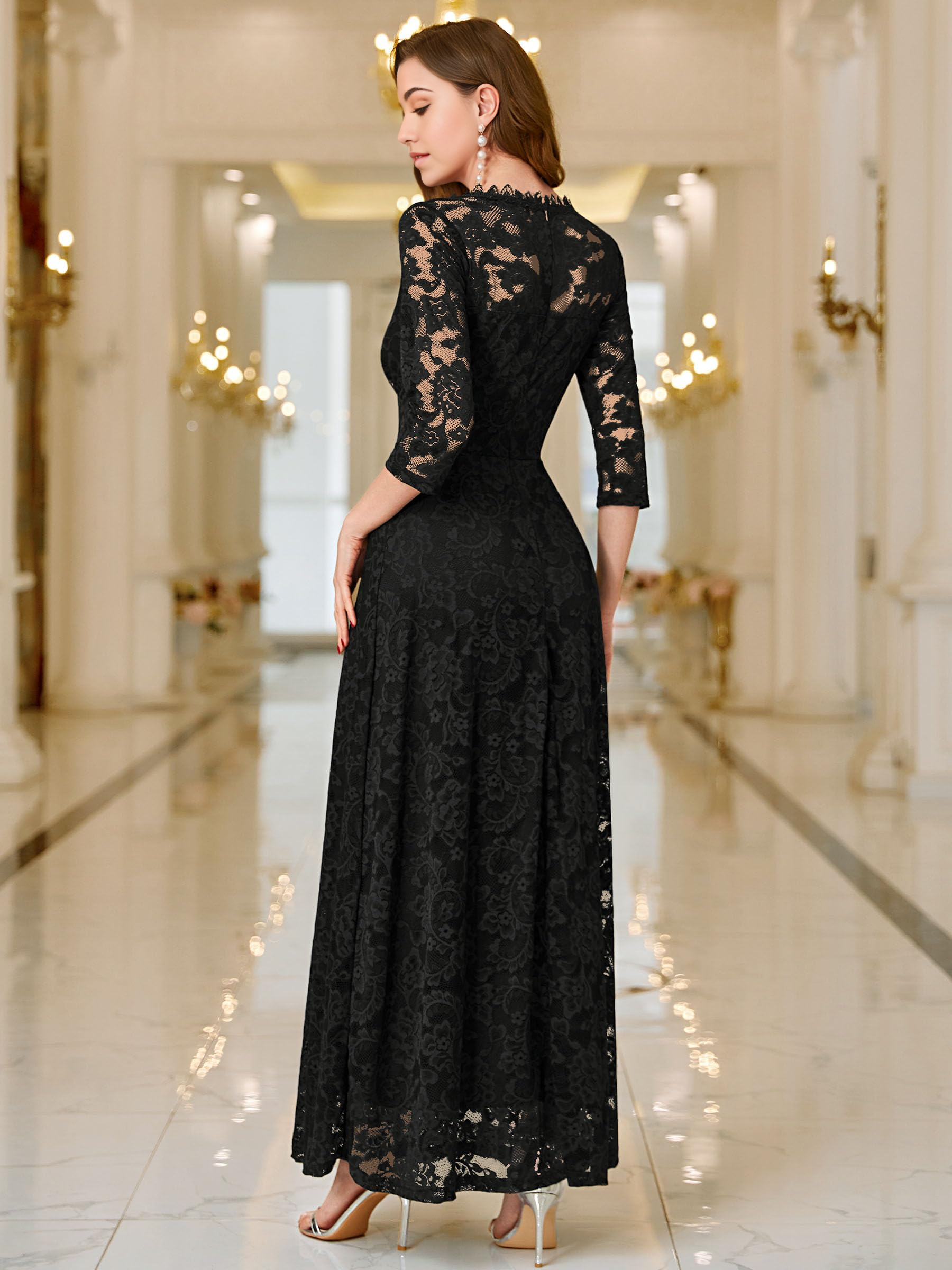 Vestido de noche formal con escote en V, encaje, mangas 2/3, vestidos de fiesta